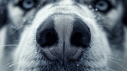  Close-up of a wet dog nose against a black-and-white backdrop Water droplets adorn the nostrils