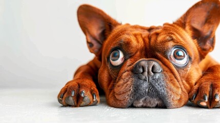  A tight shot of a dog resting, head and paws touching the ground