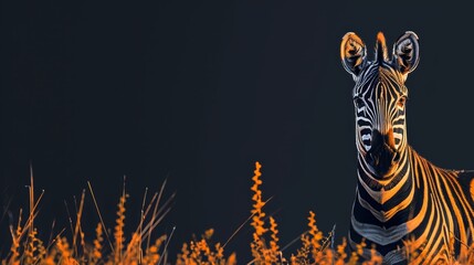 Obraz premium A tight shot of a zebra in a field, grass towering overhead, orange flowers dotting the foreground, darkened sky looming behind