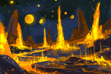 Obraz premium Otherworldly landscape inspired by alien worlds depicted in science fiction. Show towering rock formations, bioluminescent flora, and a sky filled with multiple moons or unusual celestial phenomena