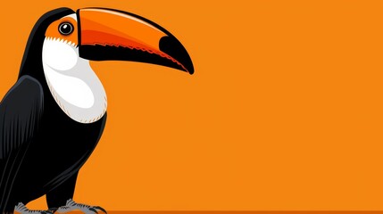 Obraz premium A black-and-white toucan perches atop a wooden table, adjacent to an orange wall The toucan's face bears the same black-and-white pattern