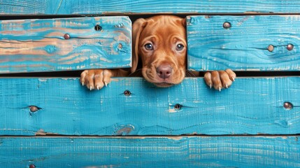 A dog sticks its head and paws  out of a blue wooden bench