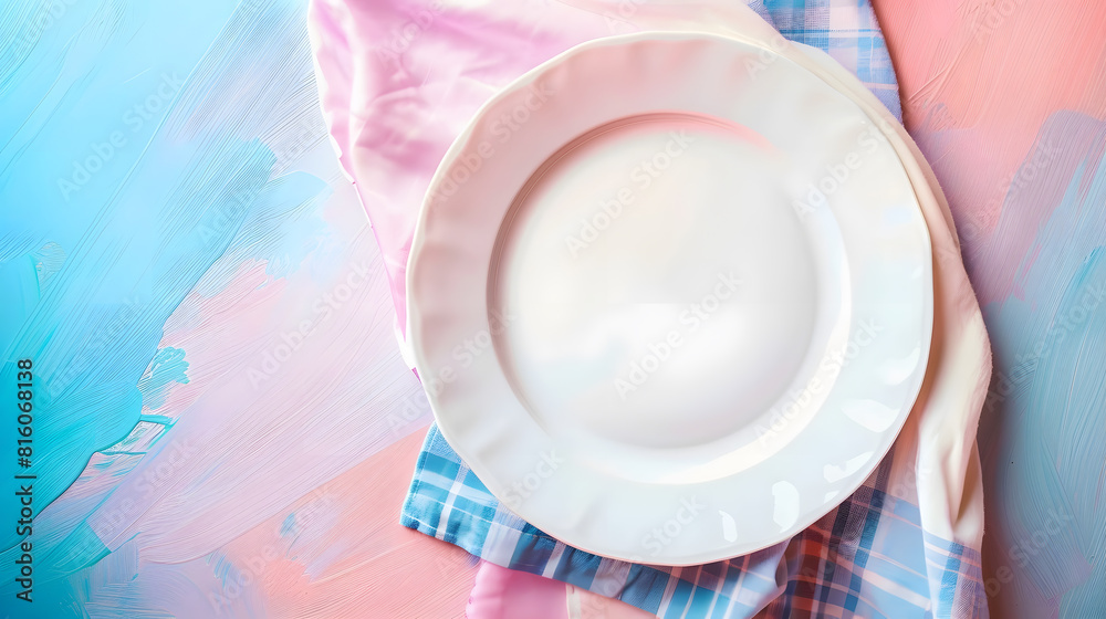 Fototapete Top view on colored background empty round white plate on tablecloth for food Empty dish on napkin with space for your design : Generative AI
