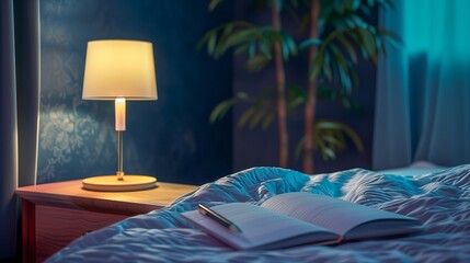 Cozy Bedroom Scene with Lamp, Open Notebook, and Bed - Relaxing Nighttime Atmosphere, Peaceful Sleep Environment, Evening Routine, Tranquil Home Setting, Bedside Comfort Concept