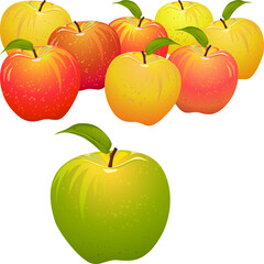 green apple against a group of ripe red and yellow apples isolated on a white background