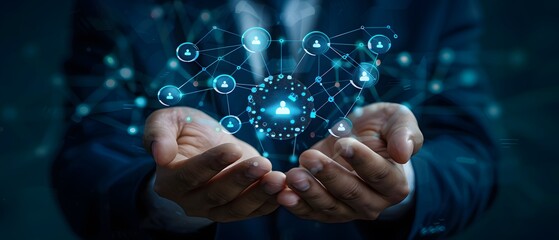 A businessperson with a suit holding a social media network