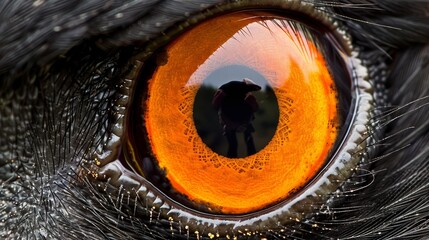  A tight shot of a cat's eye, mirroring a person's visage within its depths