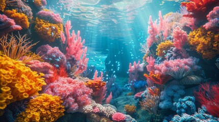 3d Surreal underwater scene with bioluminescent creatures and colorful coral reefs