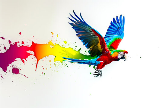 Extreme close-up of colorful parrot flying from splash of paint, creativity concept