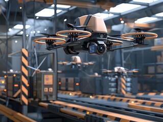 Futuristic Automated Drone Logistics System Transporting Goods Through Warehouse Infrastructure