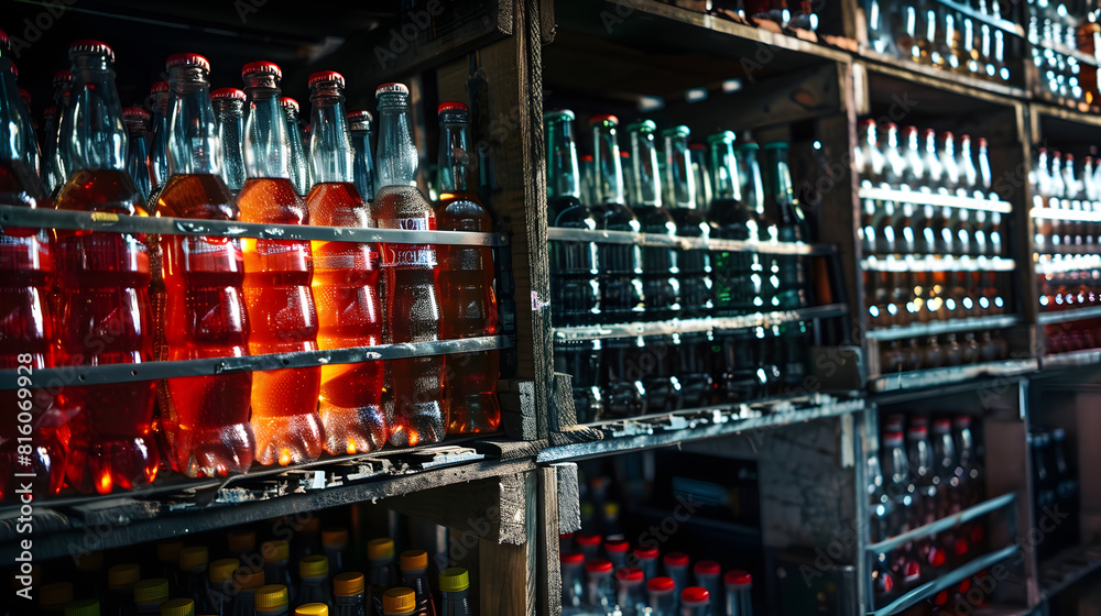 Poster drink bottles in crates in storage : Generative AI