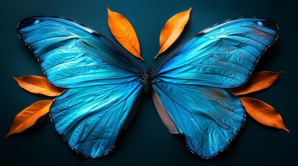  A blue butterfly, its wings adorned with orange leaves, is captured in tight focus against a dark...