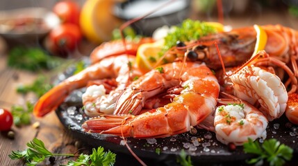 Seafood, red cooked shrimps on black plate lemon wedges parsley