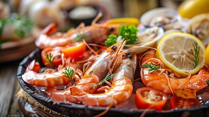 variety of seafood, including shrimp, clams, lemons, arranged on rustic table