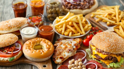 Unhealthy fast food items including burgers, fries, pizza, soda