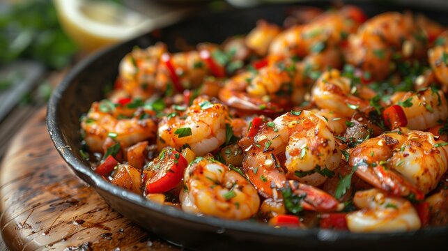 Seafood, cast iron skillet cooked shrimp, bell peppers, onions