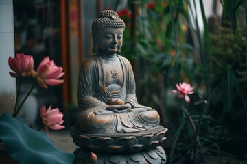Peaceful buddha statue meditating amongst vibrant lotus flowers