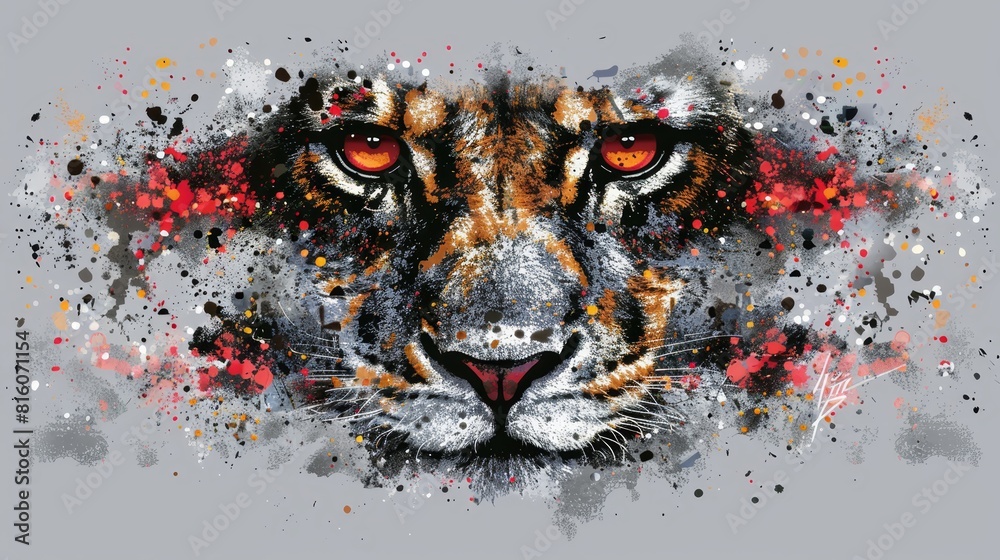 Poster  A tight shot of a tiger's visage adorned with multitudes of paint splatters