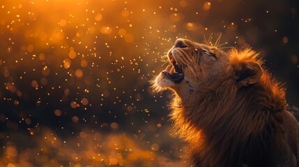  A tight shot of a lion's face, mouth agape, surrounded by water droplets on the ground