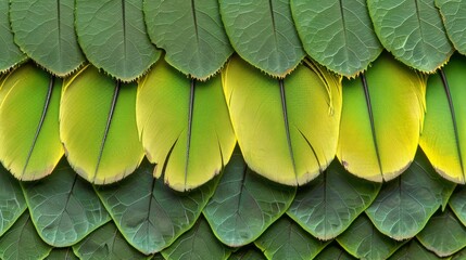  A tight shot of a green-yellow bird's intricately patterned feathers, adorned with leaf imprints