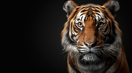  Close-up of a tiger's head against a black backdrop, showing just its face