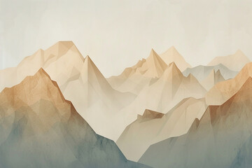 Minimalist interpretation of mountain landscapes, with jagged peaks and valleys depicted through simple geometric forms in muted earth tones.