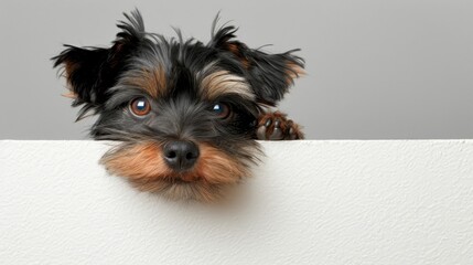  A small dog with black and brown fur tilts its head over a whiteboard's edge, gazing at the camera