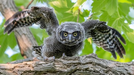 Naklejka premium A small owl perched on a tree branch, wings expanded, gaze fixed with wide-open eyes