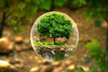 World Environment Day. Vibrant tree in floating glass orb, blurred natural background, symbolizes fragility of nature, need for environmental protection, sustainable practices