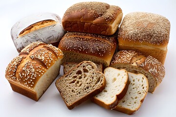 Assortment of breads and rolls on a white surface