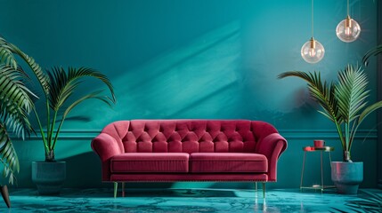 Front view of a red violet sofa on a blue green background with decorative elements around
