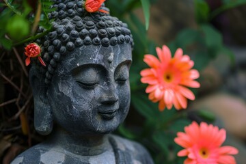 Close-up of a tranquil buddha statue adorned with vibrant gerbera flowers in a garden