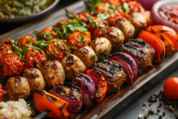 A close up of a tray of food with meat and vegetables