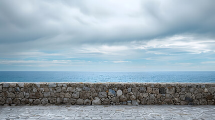Empty stone embankment with border against calm sea and cloudy blue sky on Cape Vilan peninsula in...