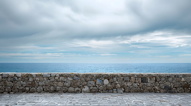 Empty stone embankment with border against calm sea and cloudy blue sky on Cape Vilan peninsula in Spain : Generative AI