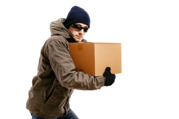 professionalism of a courier service holding a box without a label on a white background.