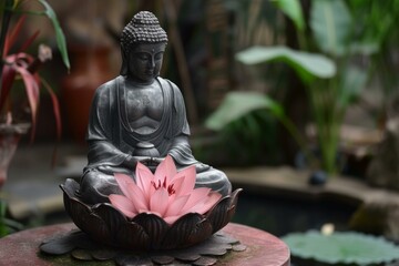 Peaceful buddha statue meditating above a vibrant lotus bloom, set in a tranquil garden