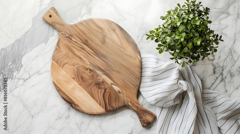 Poster wood cutting board with linen napkin and plant on marble table with copy space top view : generative