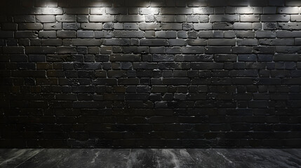 industrial background for product displayed black brick wall background rough concrete plastered concrete floor with lights from above lighting effect on empty brick wall background fo : Generative AI
