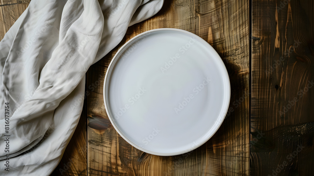 Poster Empty white circle plate on wooden table with linen napkin Overhead view : Generative AI
