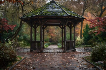 A gazebo in a park surrounded by trees and leaves