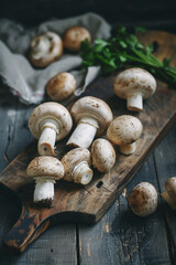 Mushrooms on a cutting board with parsley and a kitchen cloth on a rustic wood table top, food styling concept, Generative AI