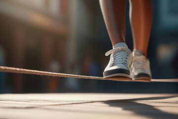 Close-up of a person walking on a tightrope, showcasing their balancing act. maintain balance, concentration, risk-taking, and the art of tightrope walking