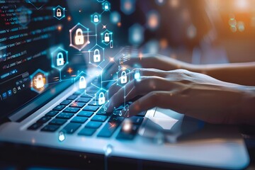 Person typing laptop screen lots icons emerging