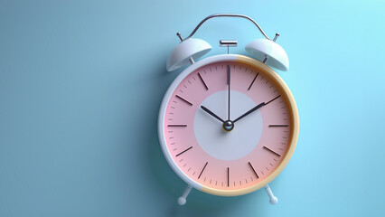 a retro classic white, pink alarm clock on a light blue background