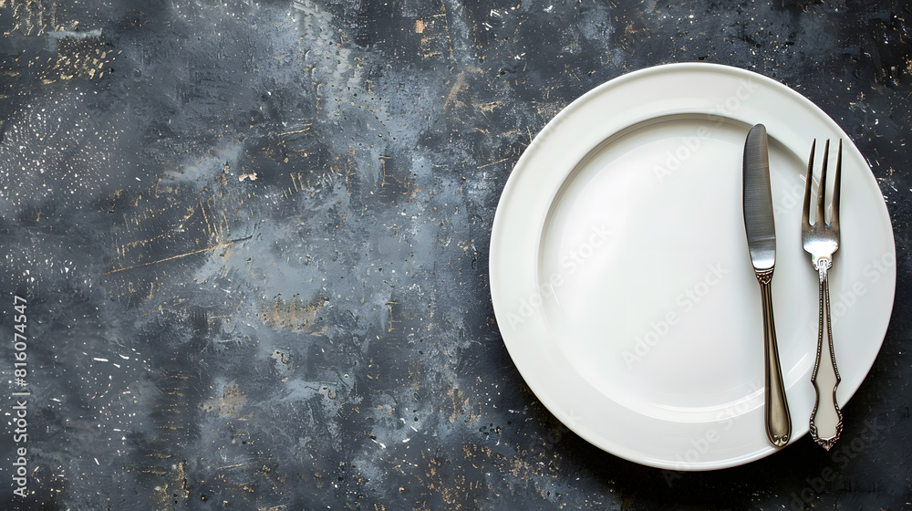 Poster An empty white plate with a fork and a knife overhead flat lay shot on a slate background the concept of dinner : Generative AI