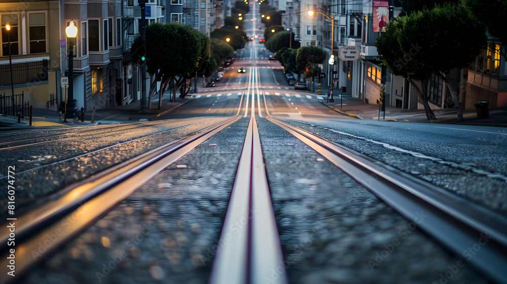 Poster low angle twilight view of an empty road with cable car tracks leading up a steep hill at famous cal