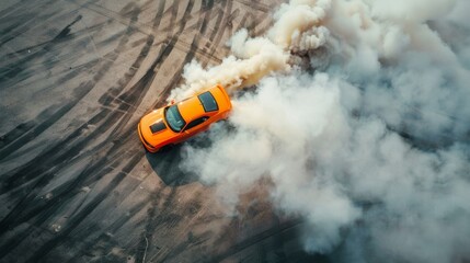 Aerial top view professional driver drifting car on asphalt road track with white smoke, Automobile race car drift on abstract asphalt road with black tire skid mark, View from above.