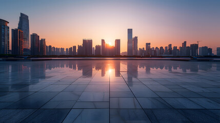 Obraz premium Empty square floor and modern city skyline with buildings at sunset in Ningbo Zhejiang Province China : Generative AI