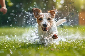 A wet dog is running across the grass. The dog is having a great time playing in the water. The sun is shining, and the dog is enjoying the warm weather.